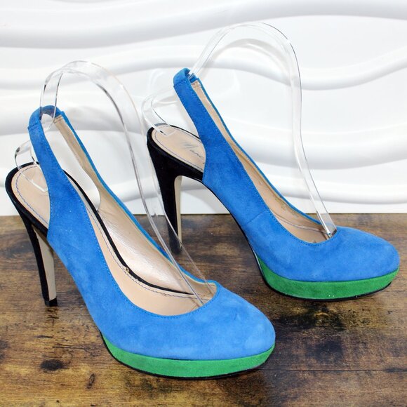 MARC FISHER Denise 6 Blue Green Suede Heels Color Block Pumps Platform Slingback - Picture 3 of 8
